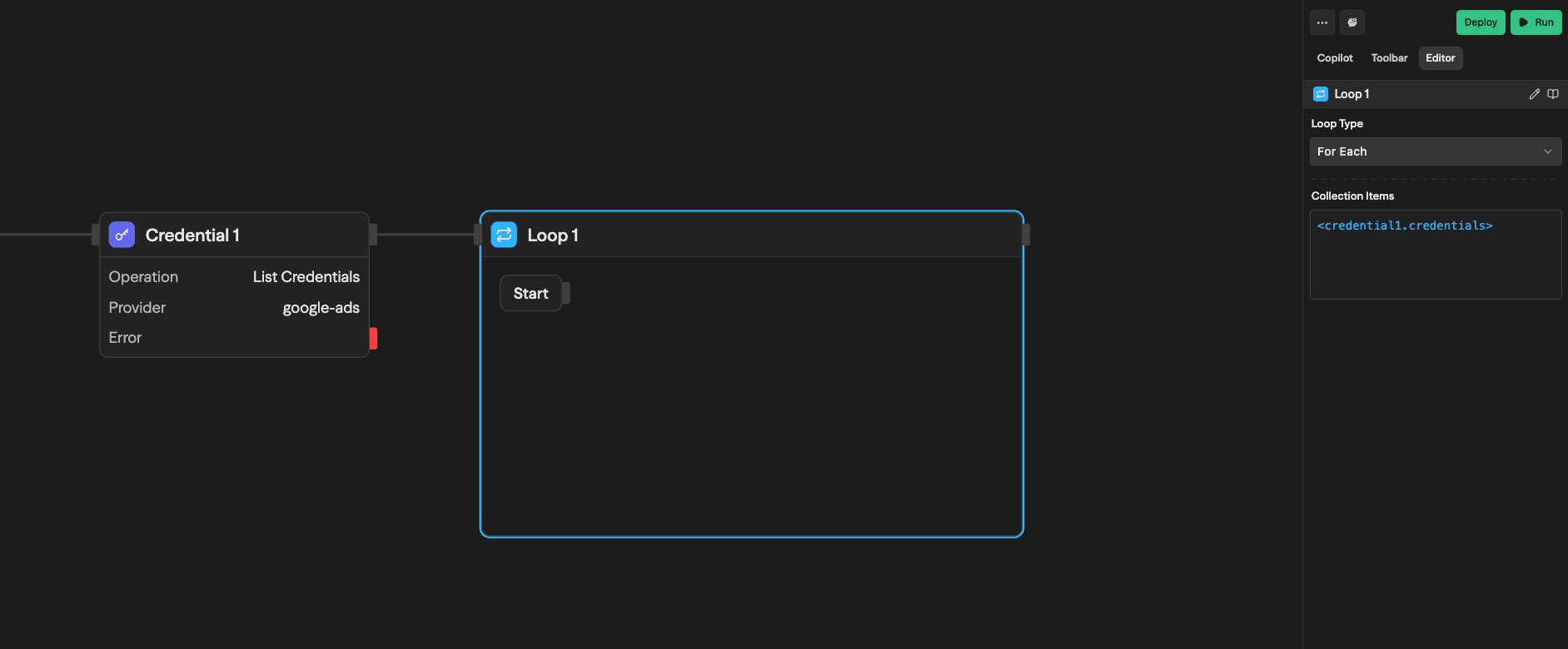 Credential List wired into a ForEach Loop