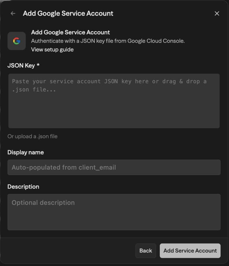 Add Google Service Account dialog