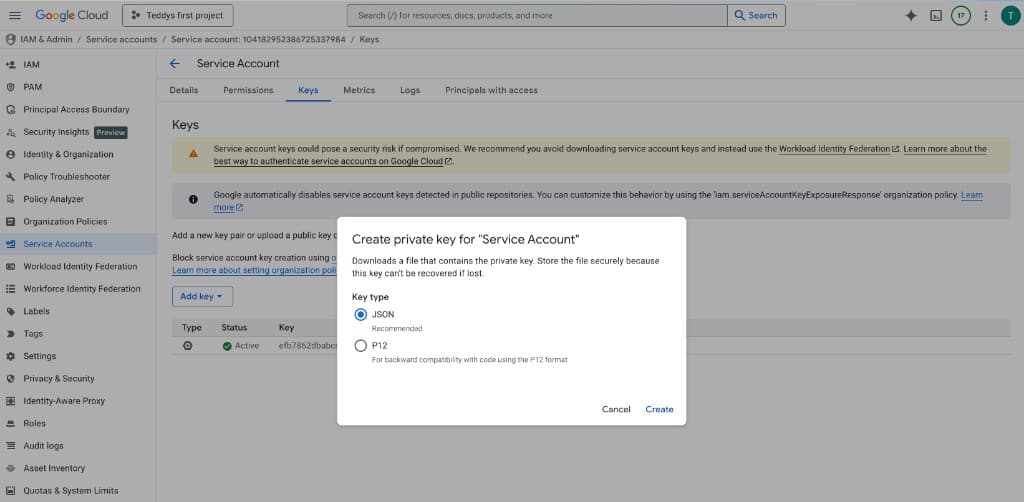 Google Cloud Console — Create private key dialog with JSON selected