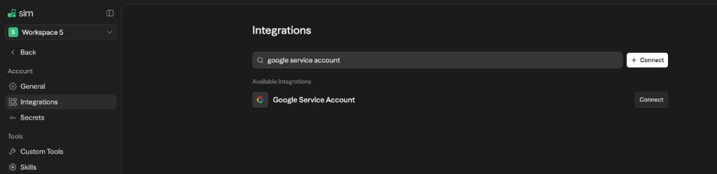 Integrations page showing Google Service Account