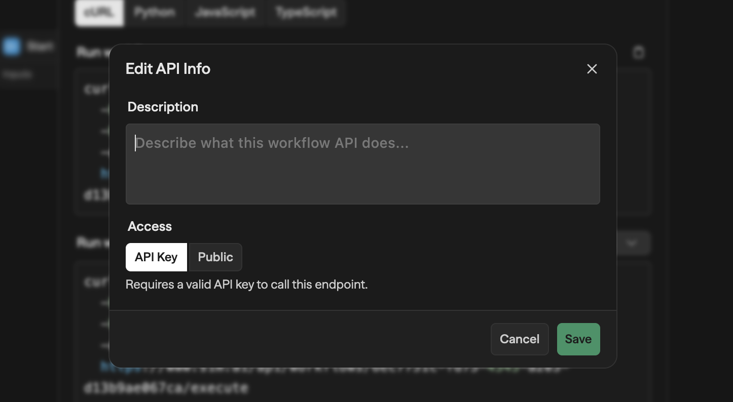 Edit API Info modal with a Description textarea and an Access section toggling between API Key and Public modes