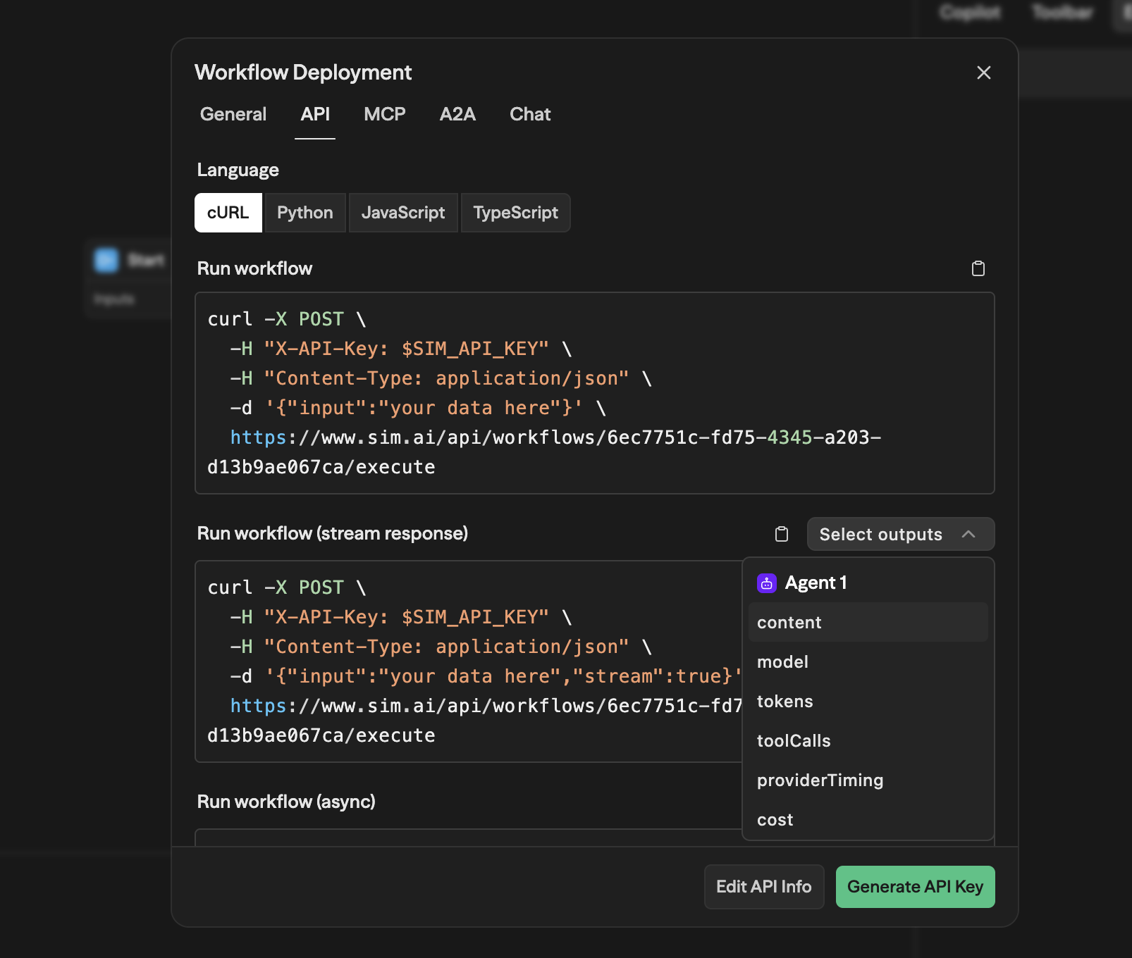 Select outputs dropdown open showing Agent 1 block with selectable output fields: content, model, tokens, toolCalls, providerTiming, cost