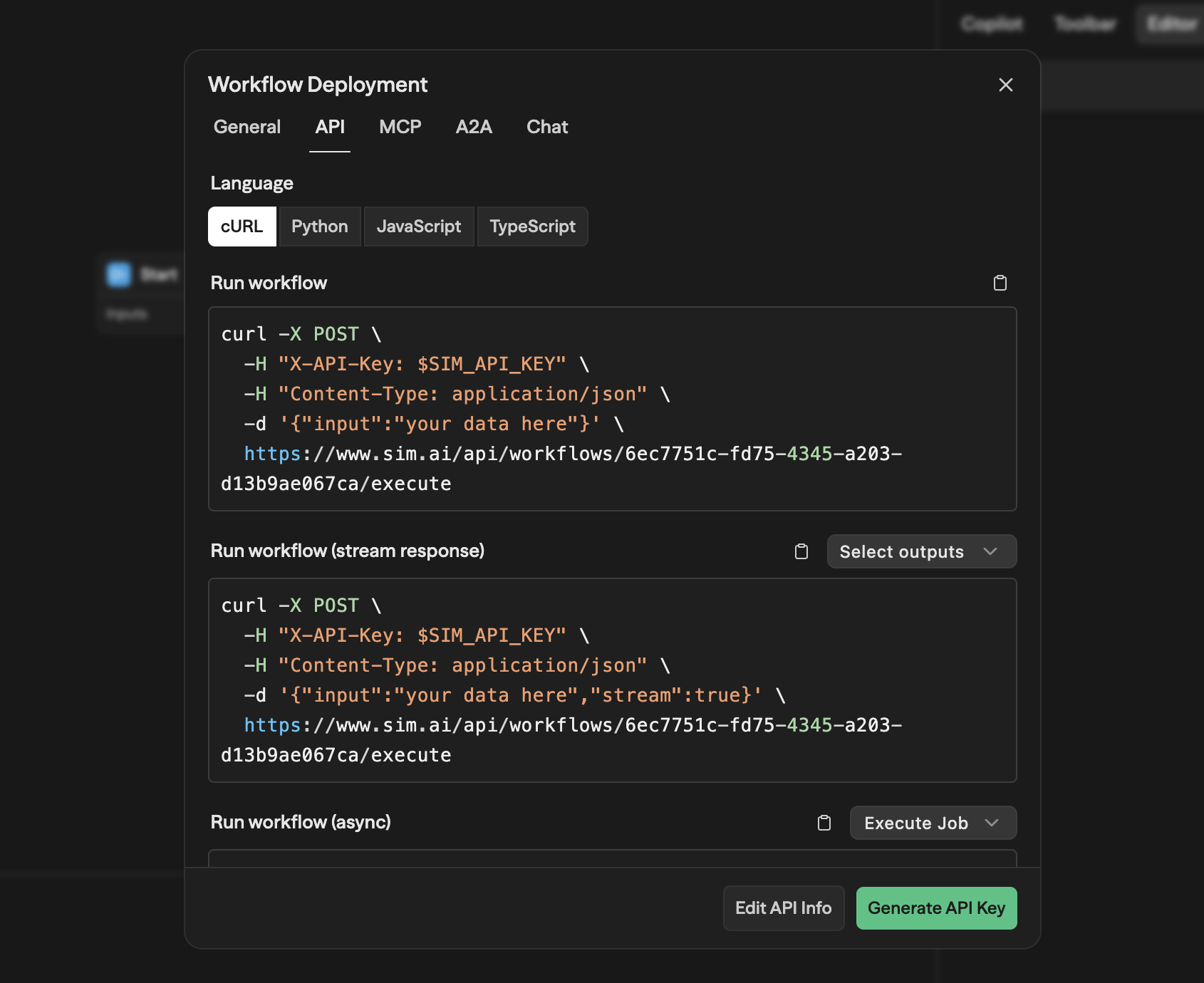 API tab showing cURL, Python, JavaScript, and TypeScript language options, with Run workflow, Run workflow (stream response), and Run workflow (async) code sections