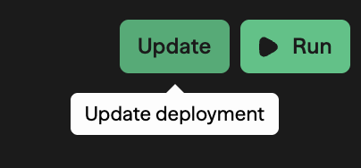Canvas toolbar showing the Update and Run buttons with an Update deployment tooltip