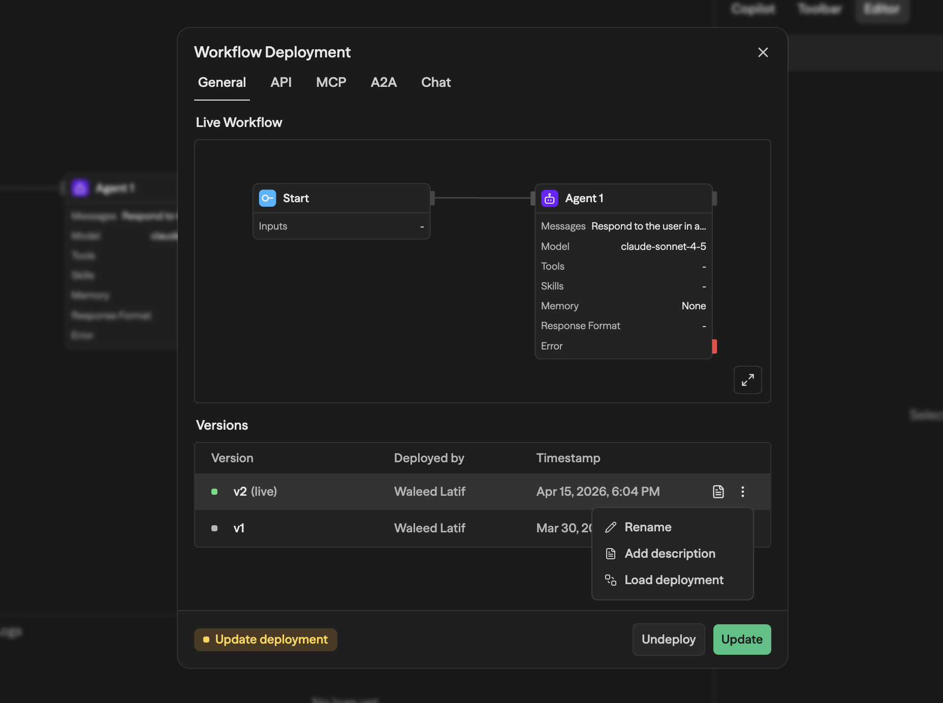 General tab of the Workflow Deployment modal showing a live workflow preview, a Versions table with v2 (live) and v1, and Undeploy / Update buttons