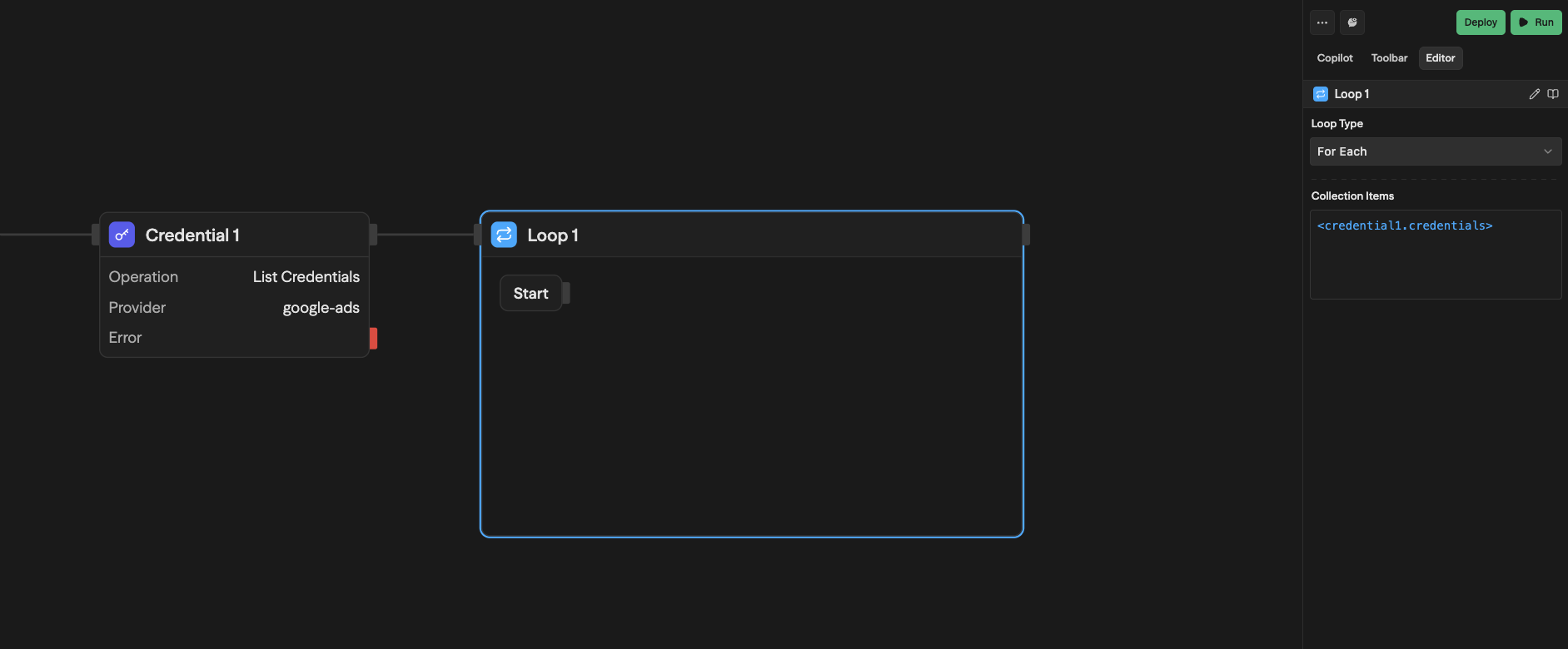 Credential List wired into a ForEach Loop