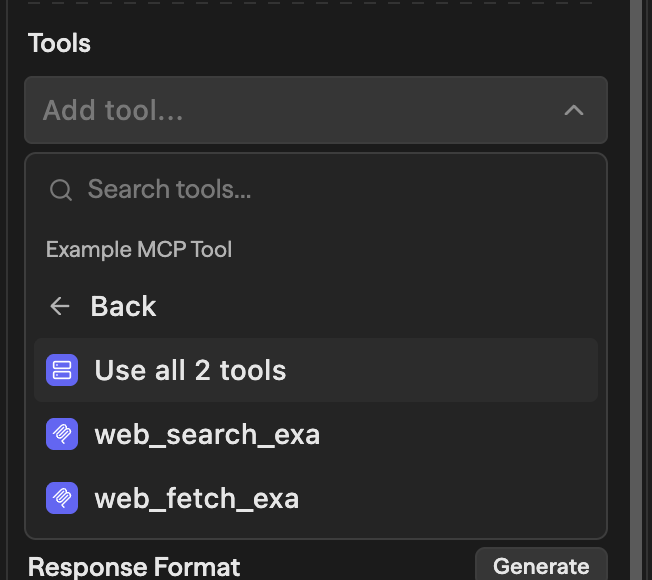 MCP tools list for a selected server