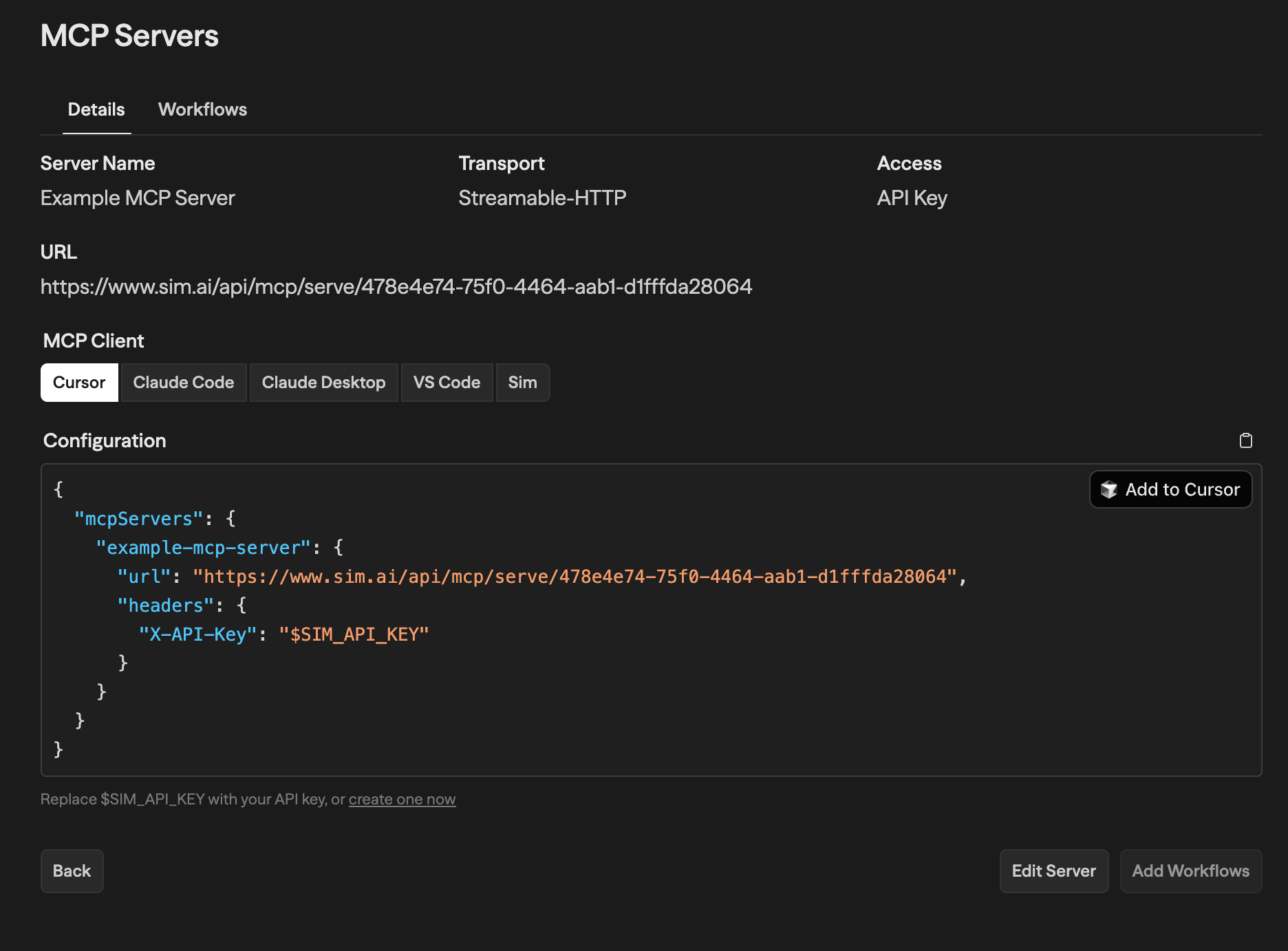 MCP client configuration panel