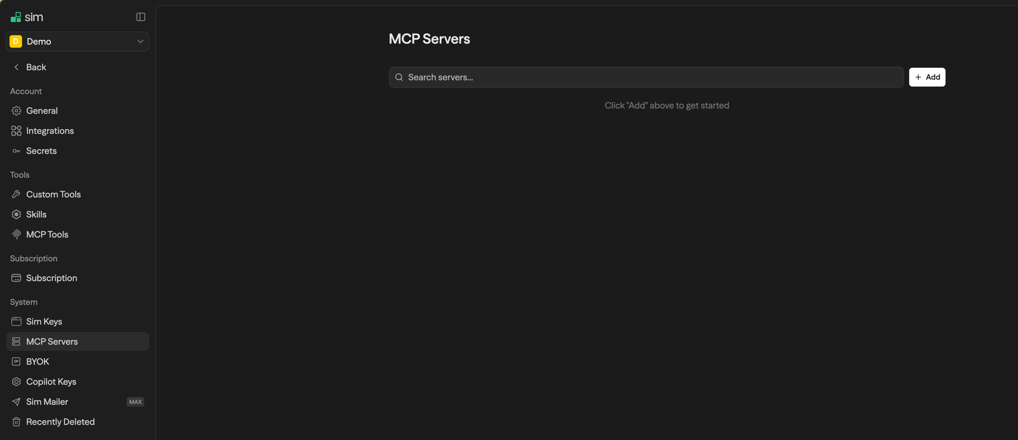 MCP Servers settings page