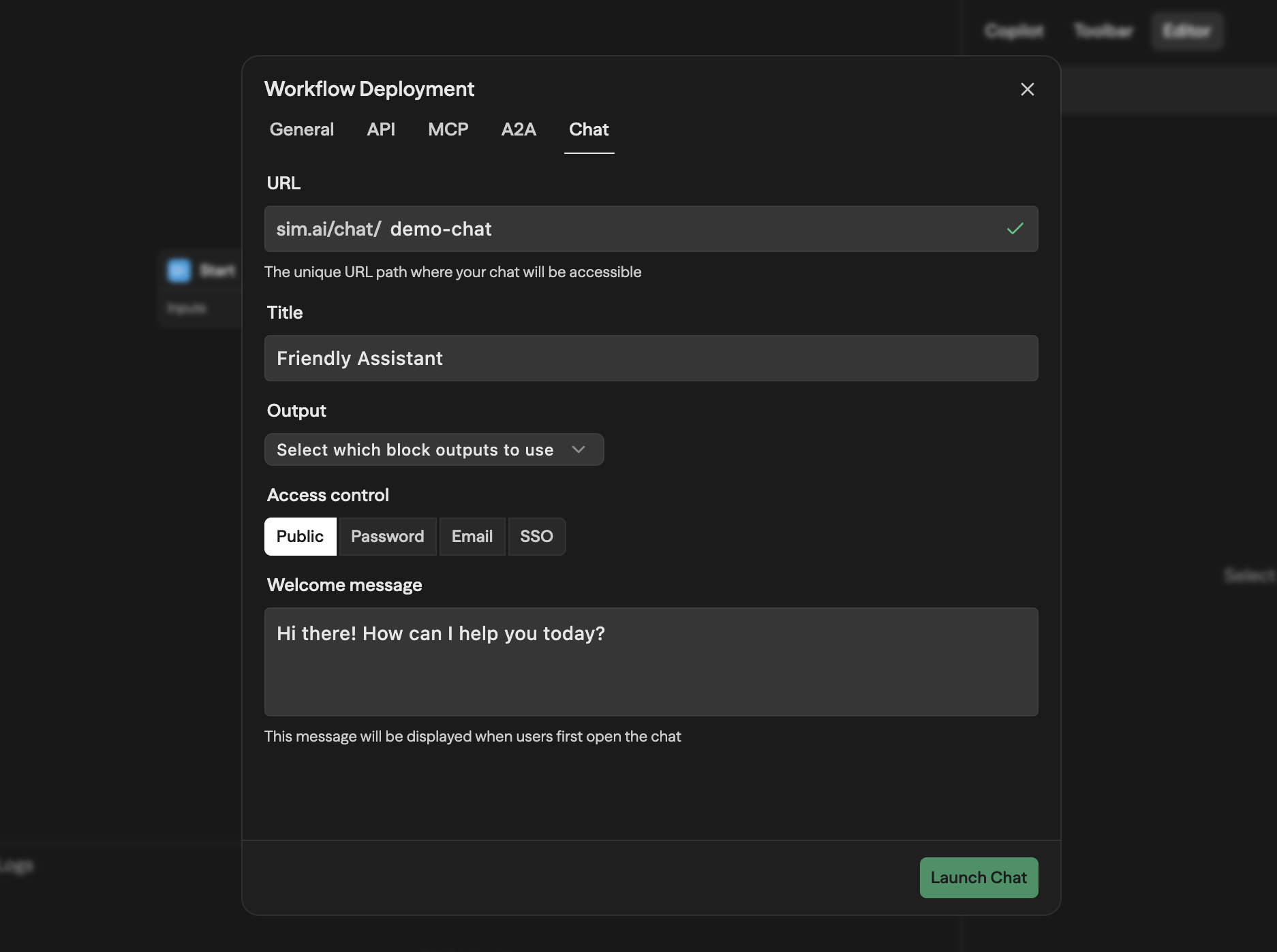 Chat deployment configuration panel showing URL, Title, Output, Access control, and Welcome message fields