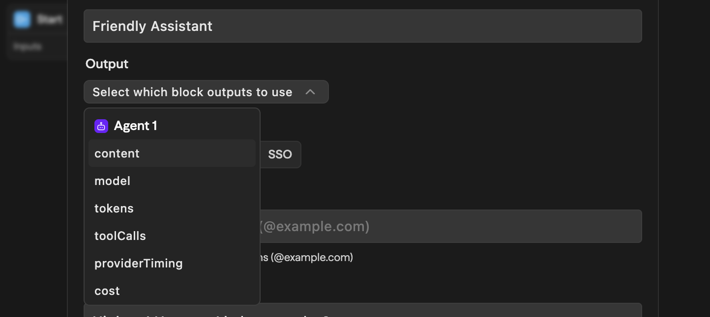 Output dropdown showing Agent 1 block with selectable fields: content, model, tokens, toolCalls, providerTiming, cost