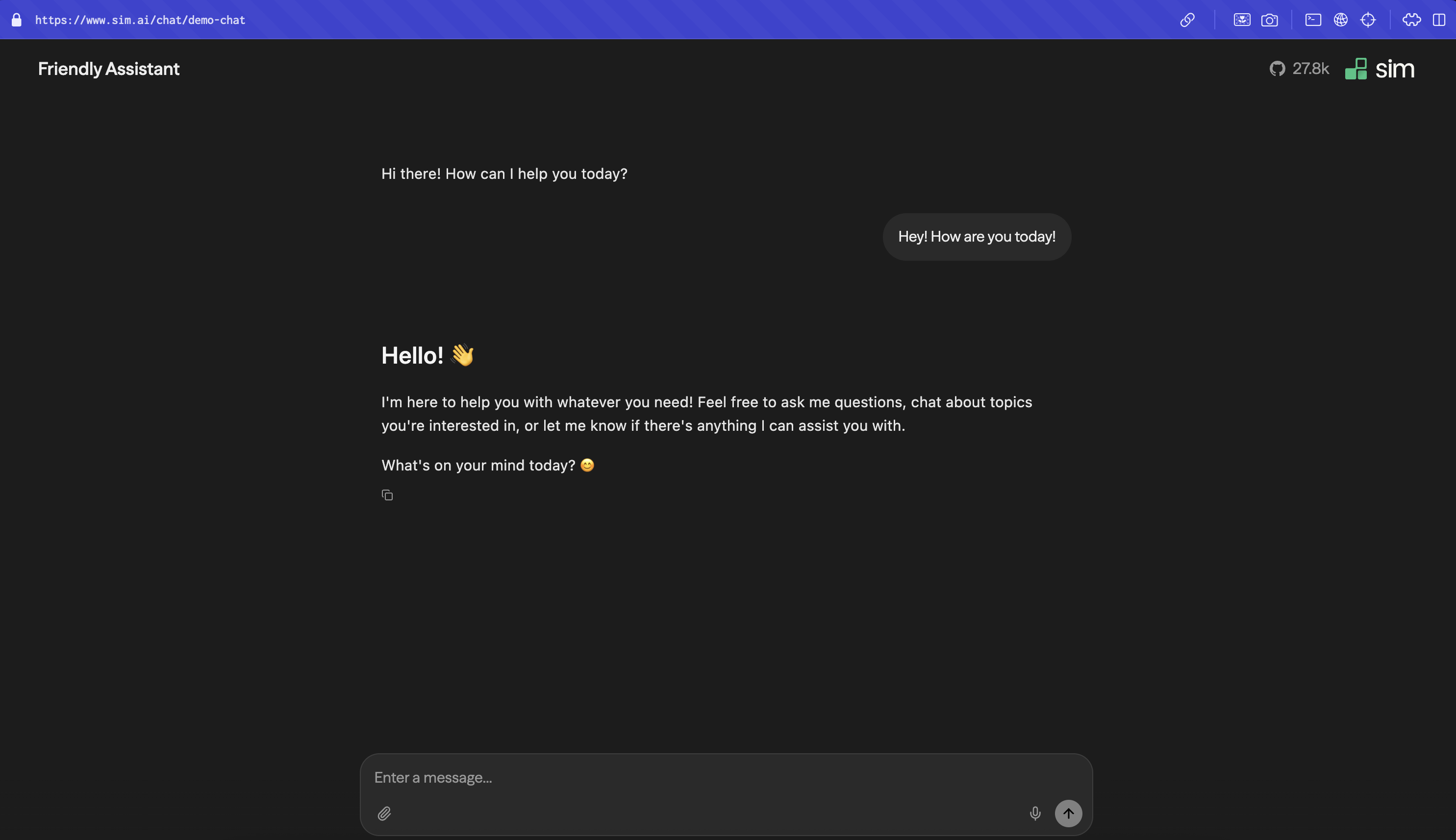 A deployed chat interface showing a conversation with Friendly Assistant