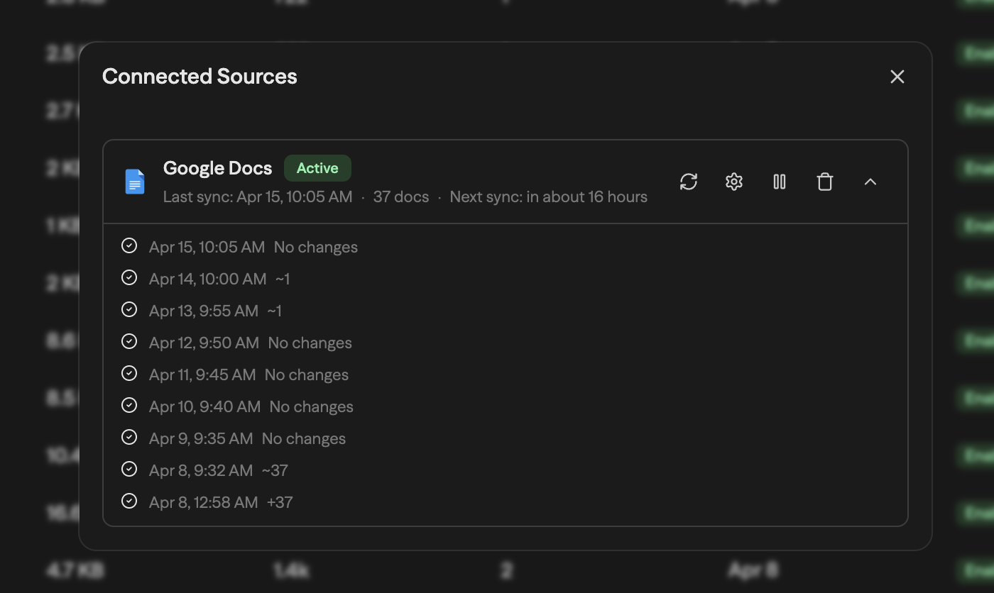 Connect Source picker showing a searchable list of available connectors including Airtable, Asana, Confluence, Discord, Dropbox, Evernote, Fireflies, GitHub, and Gmail