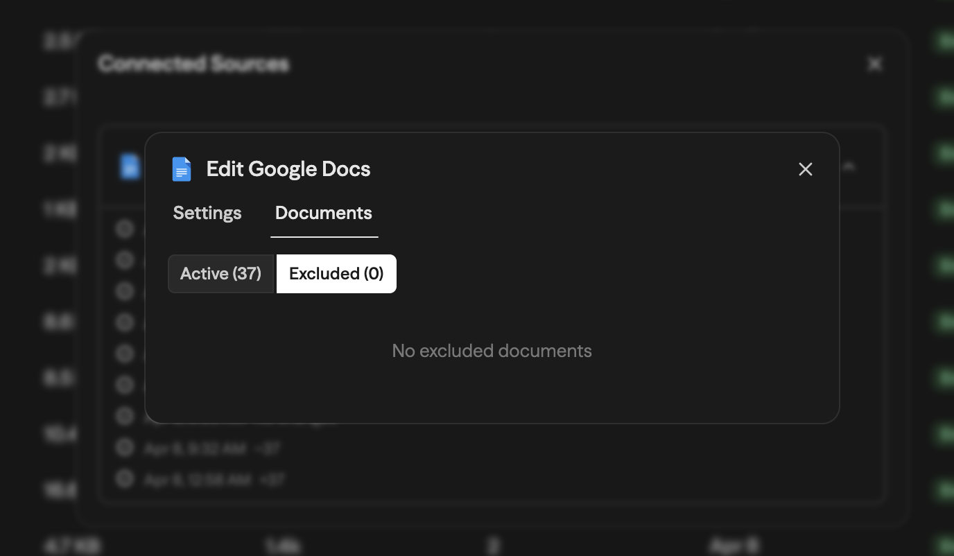 Connected Sources panel showing a Google Docs connector with Active status, last sync details, and a sync history log with dated entries