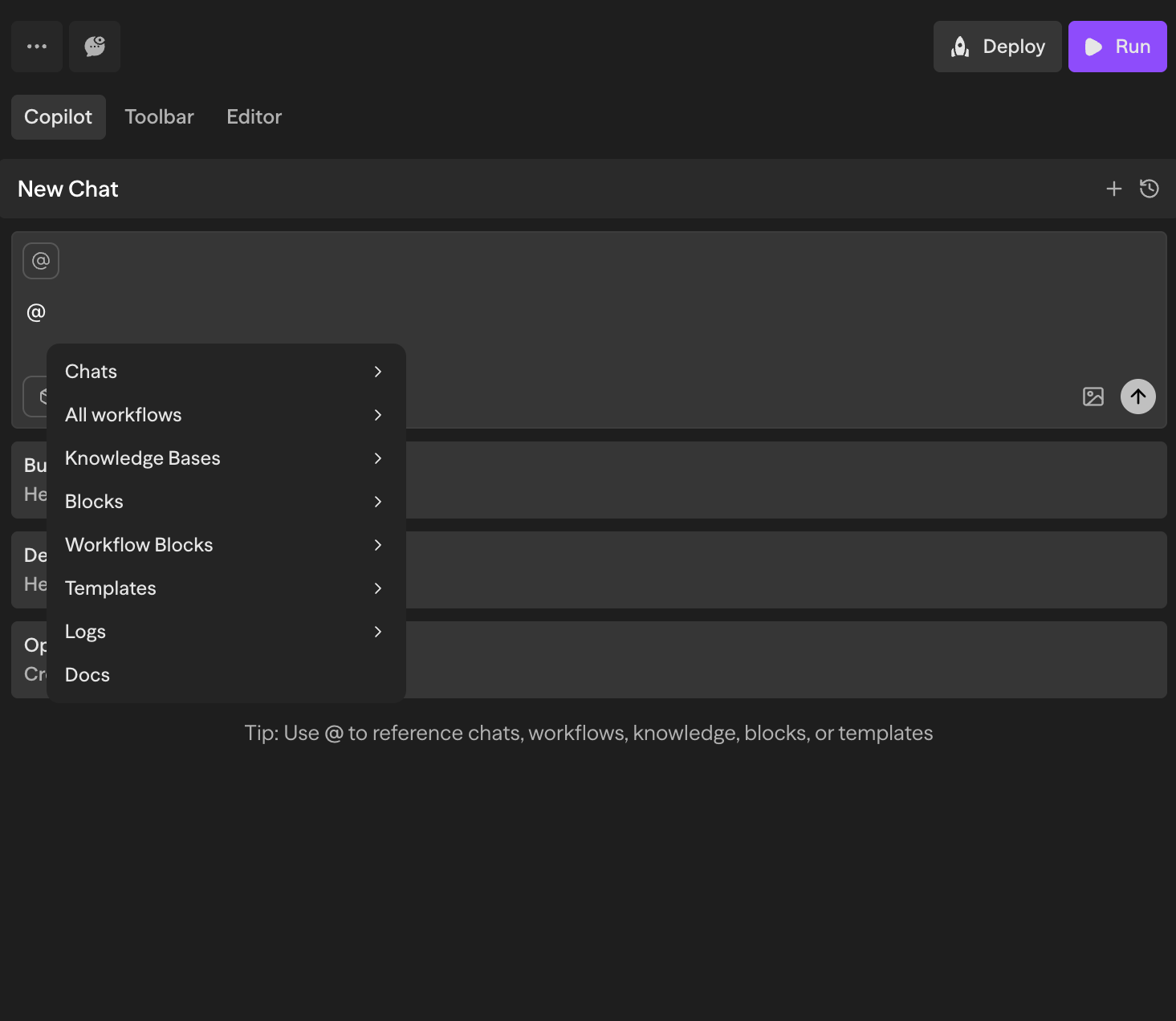 Menú contextual de Copilot mostrando opciones de referencia disponibles