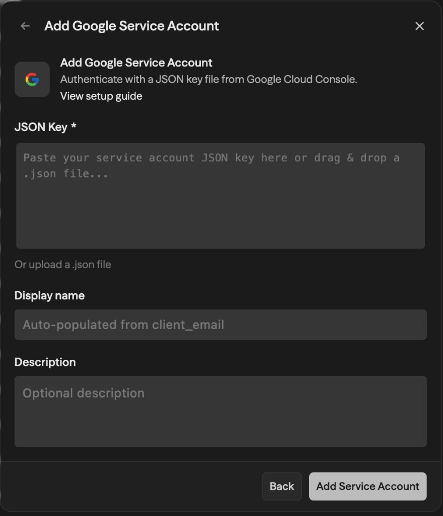 Add Google Service Account dialog