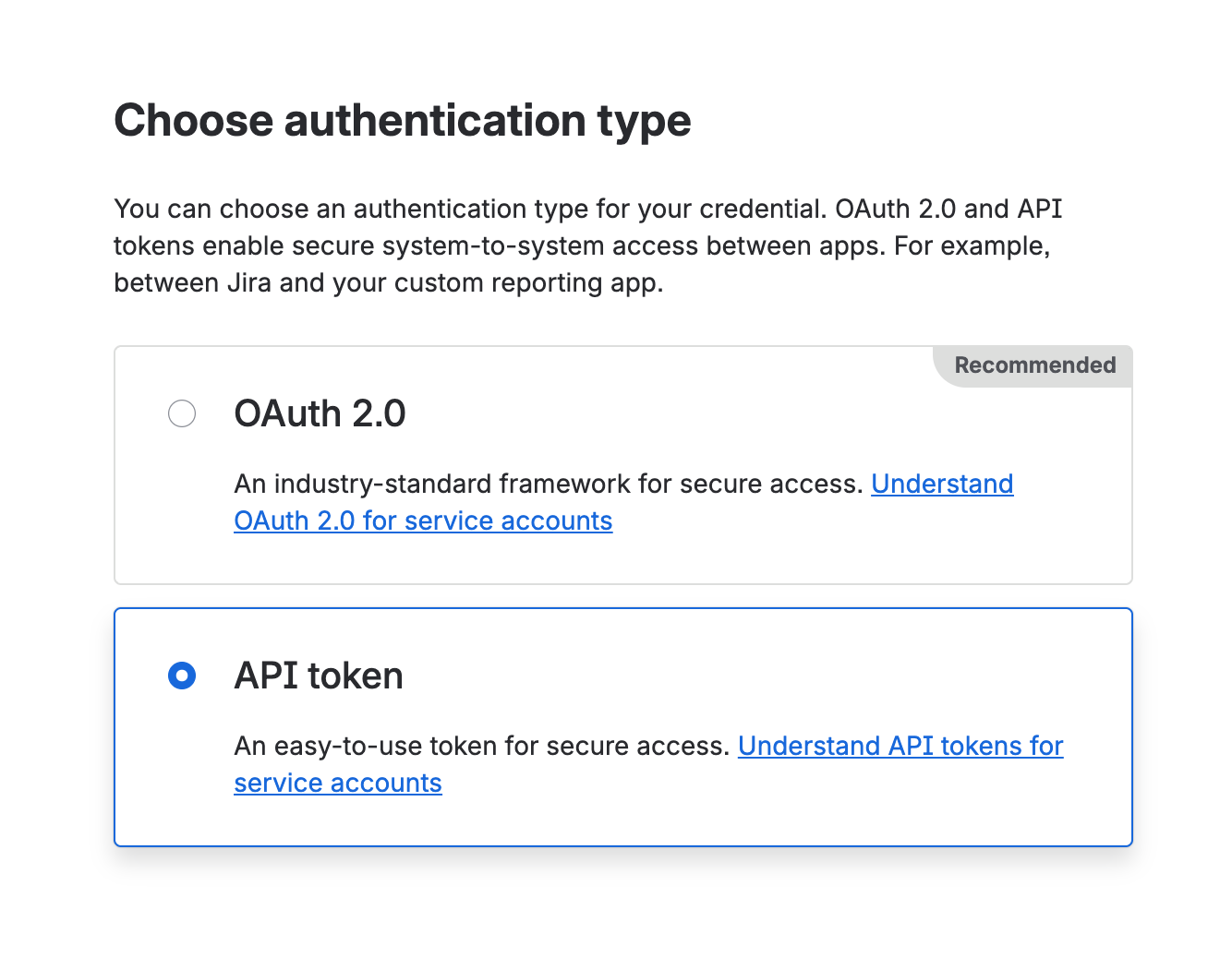 Atlassian admin — Choose authentication type with API token selected