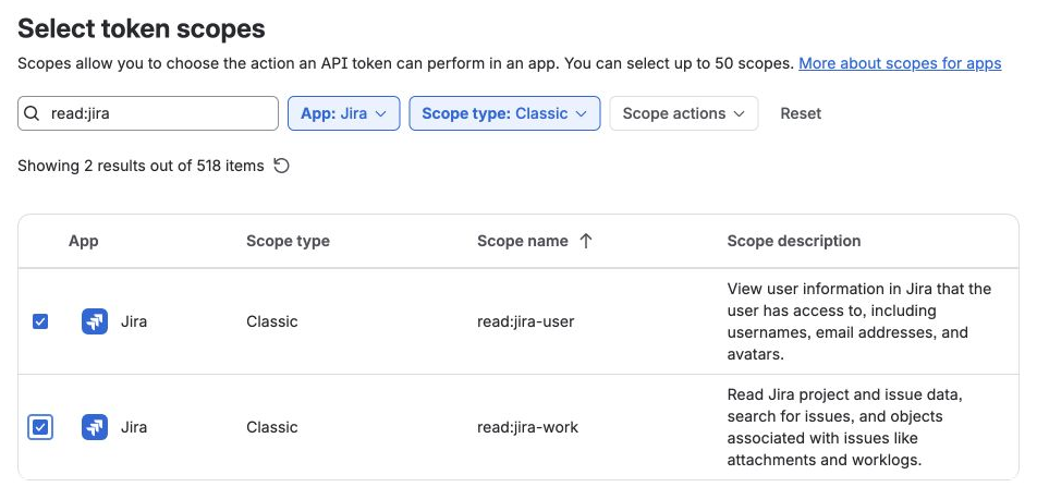 Atlassian scope picker with the Jira classic scopes read:jira-user and read:jira-work selected