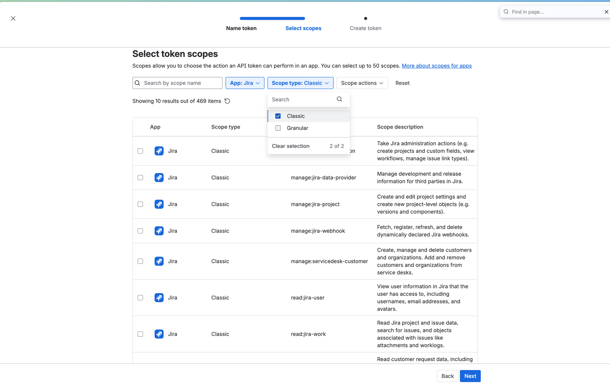 Atlassian token scope picker filtered to App: Jira and Scope type: Classic