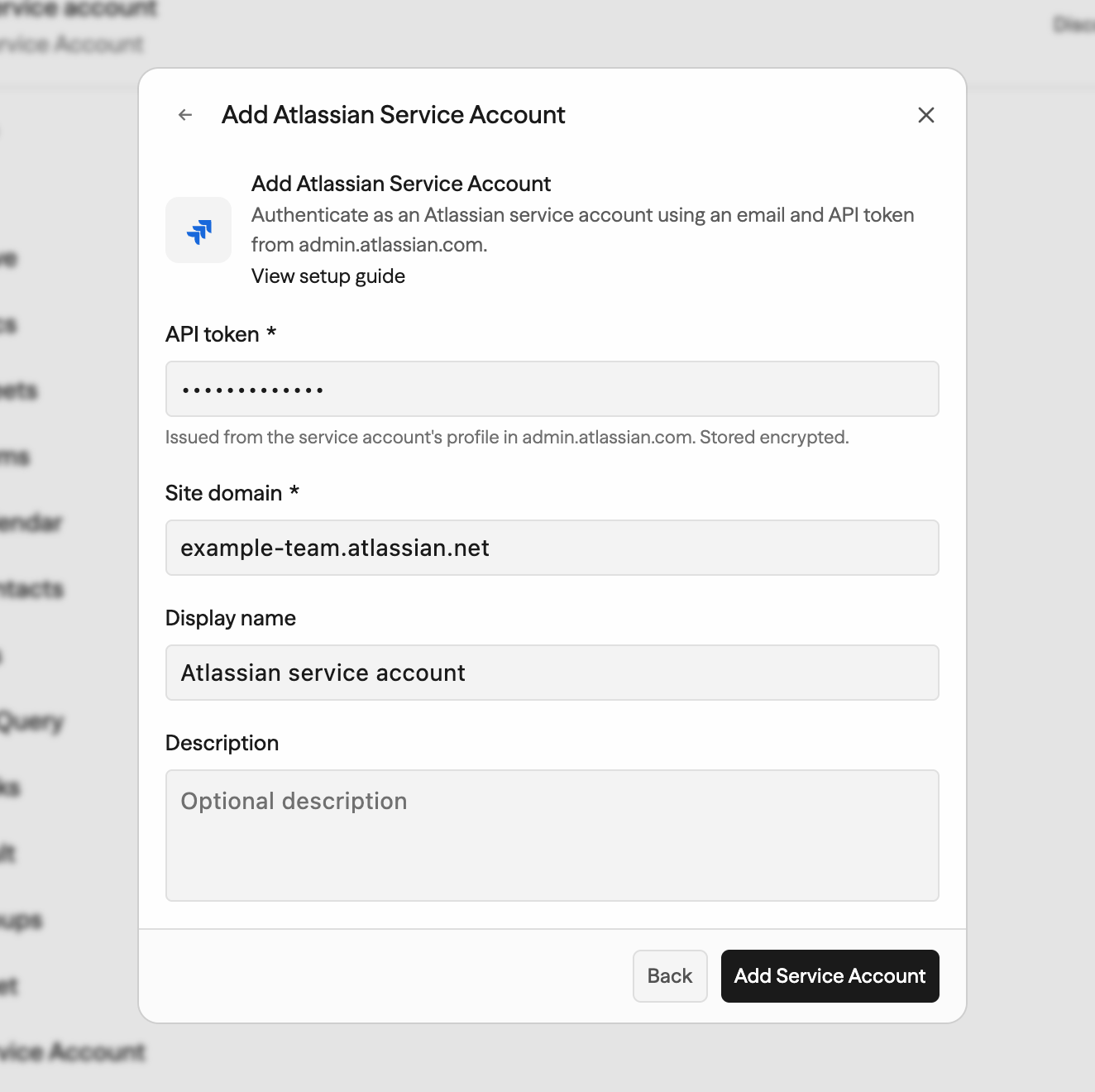 Add Atlassian Service Account dialog with API token and site domain filled in