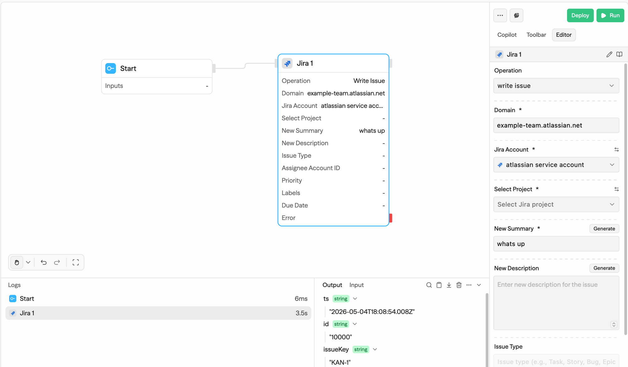 Jira block in a workflow with the Atlassian service account selected as the credential