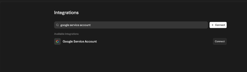 Google Drive integration page with the service-account connect option