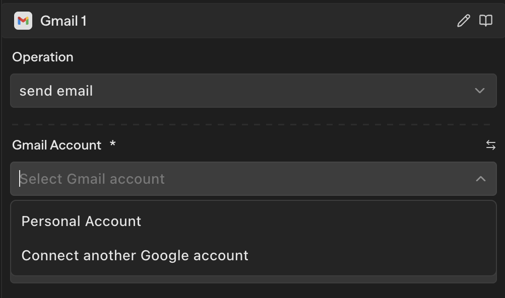 Gmail block showing the account selector dropdown with connected accounts