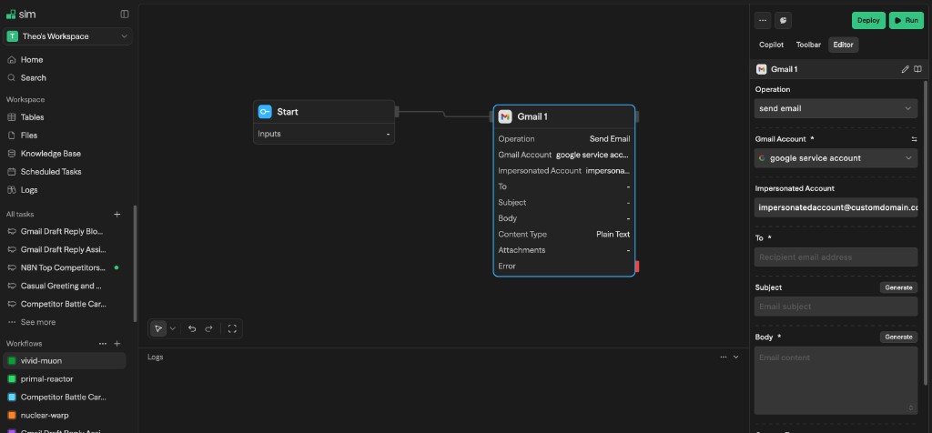 Gmail block in a workflow showing the Impersonated Account field with a service account credential