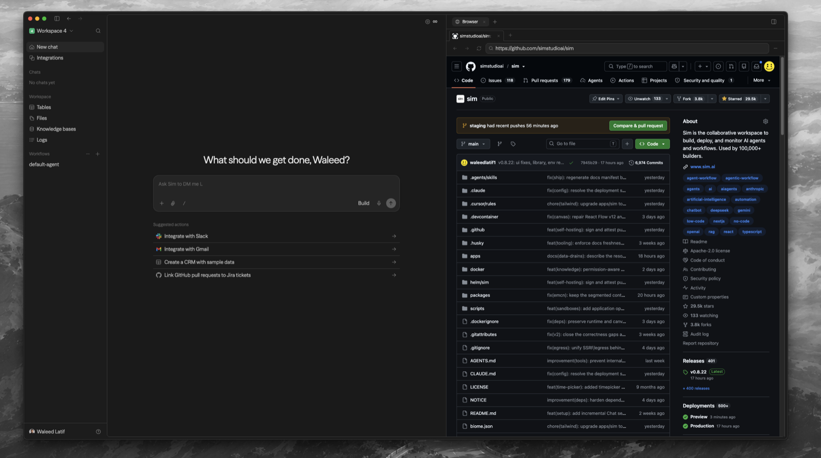 Sim Desktop with Chat on the left and a built-in browser tab on the right