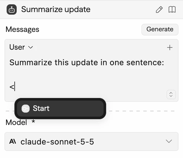 Typing a less-than sign in an Agent message opens the reference picker with the connected Start block