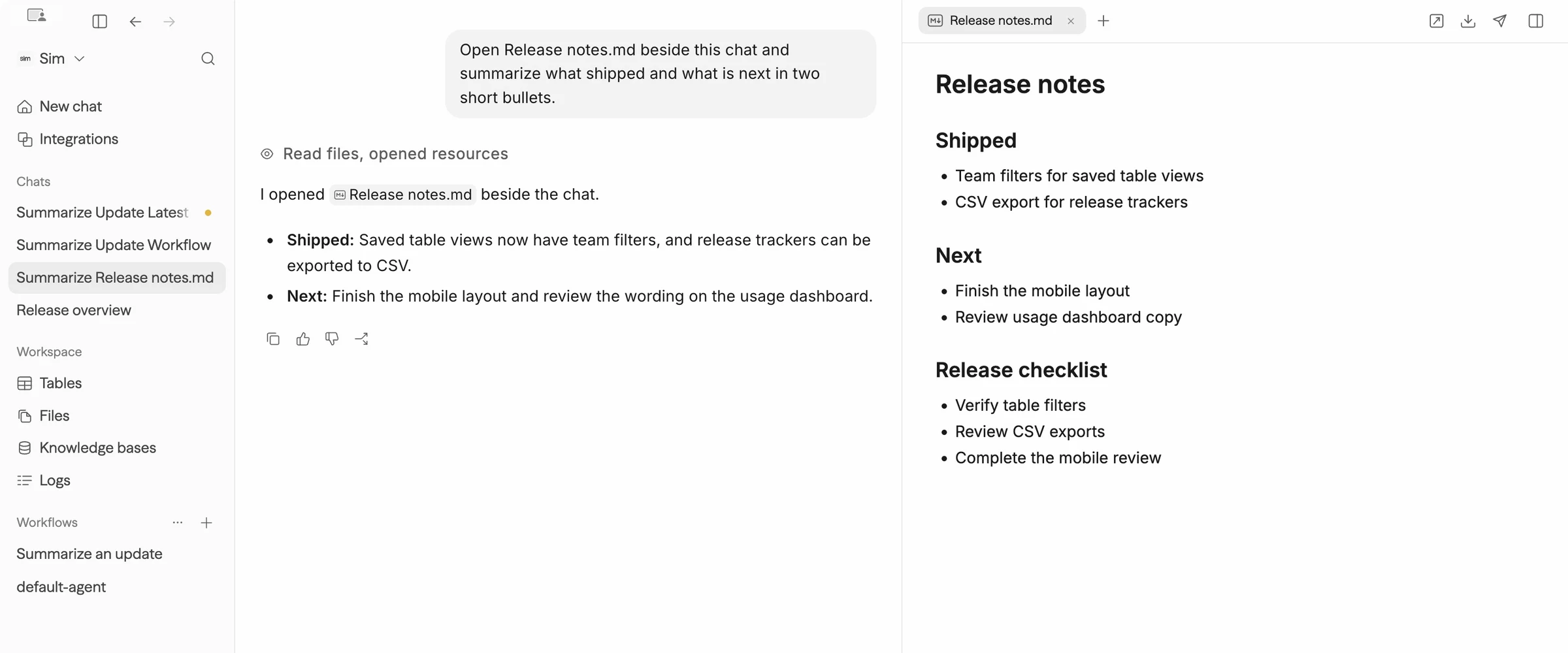 Release notes open beside Chat, with Sim summarizing shipped work and next steps