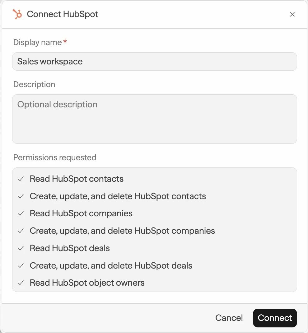 The connect dialog (HubSpot shown) with display name, description, and the permissions requested