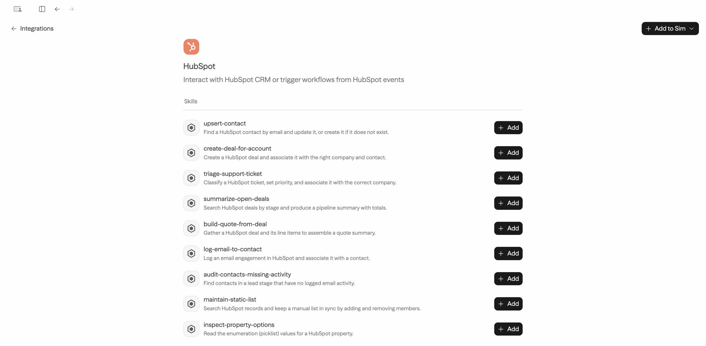 The HubSpot integration page in Sim with the Add to Sim button in the top right