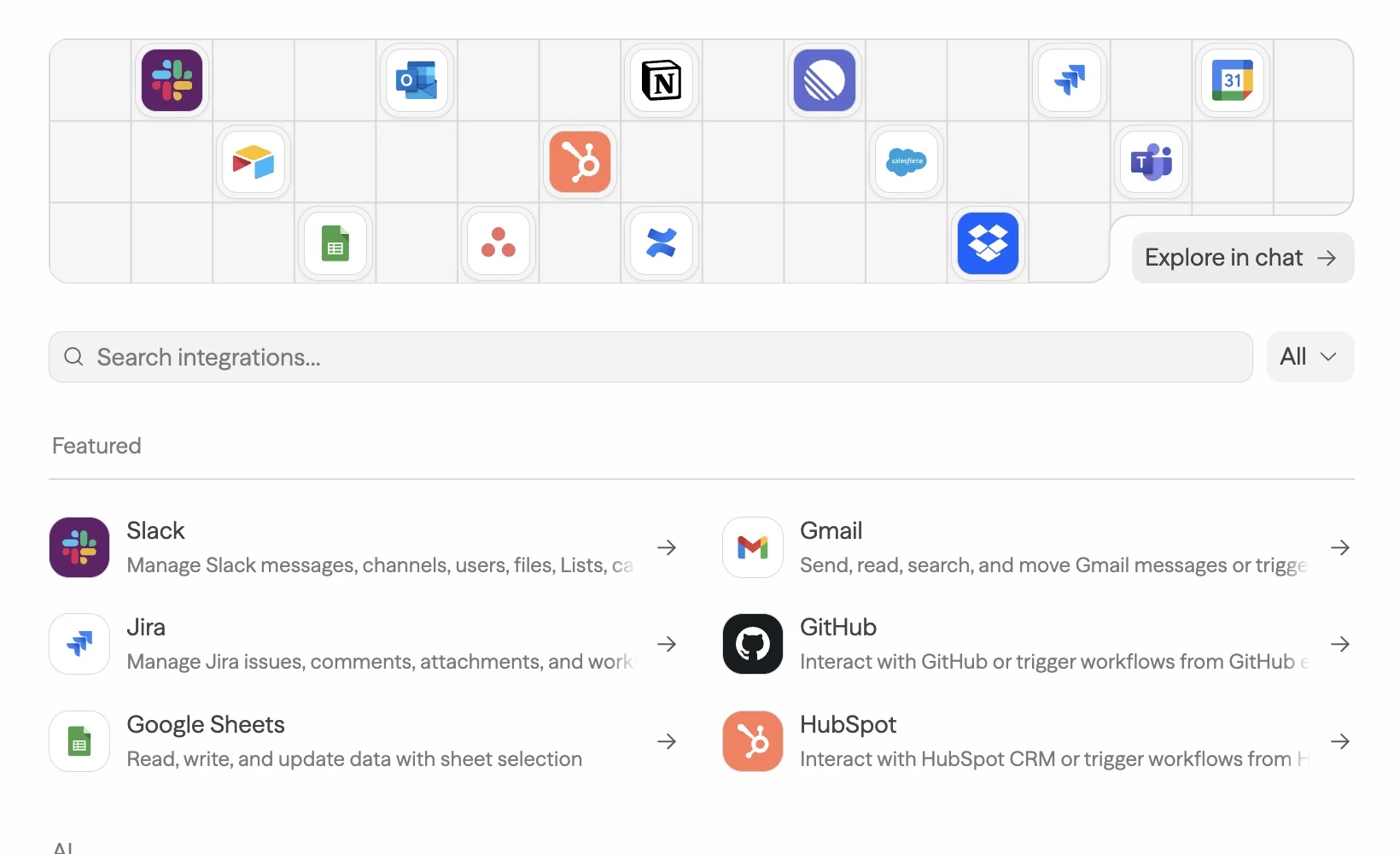 The current Integrations page with search, featured services, and categorized integrations