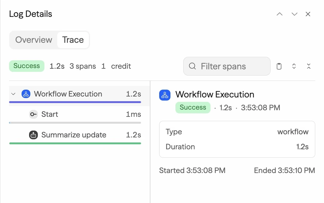 Trace for the summarizer workflow, showing Start and Summarize update with their durations