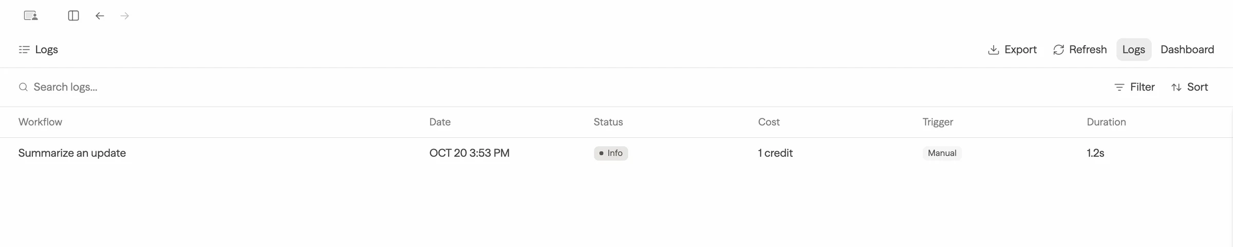 Workspace Logs list with workflow, date, status, credits, trigger, and duration columns