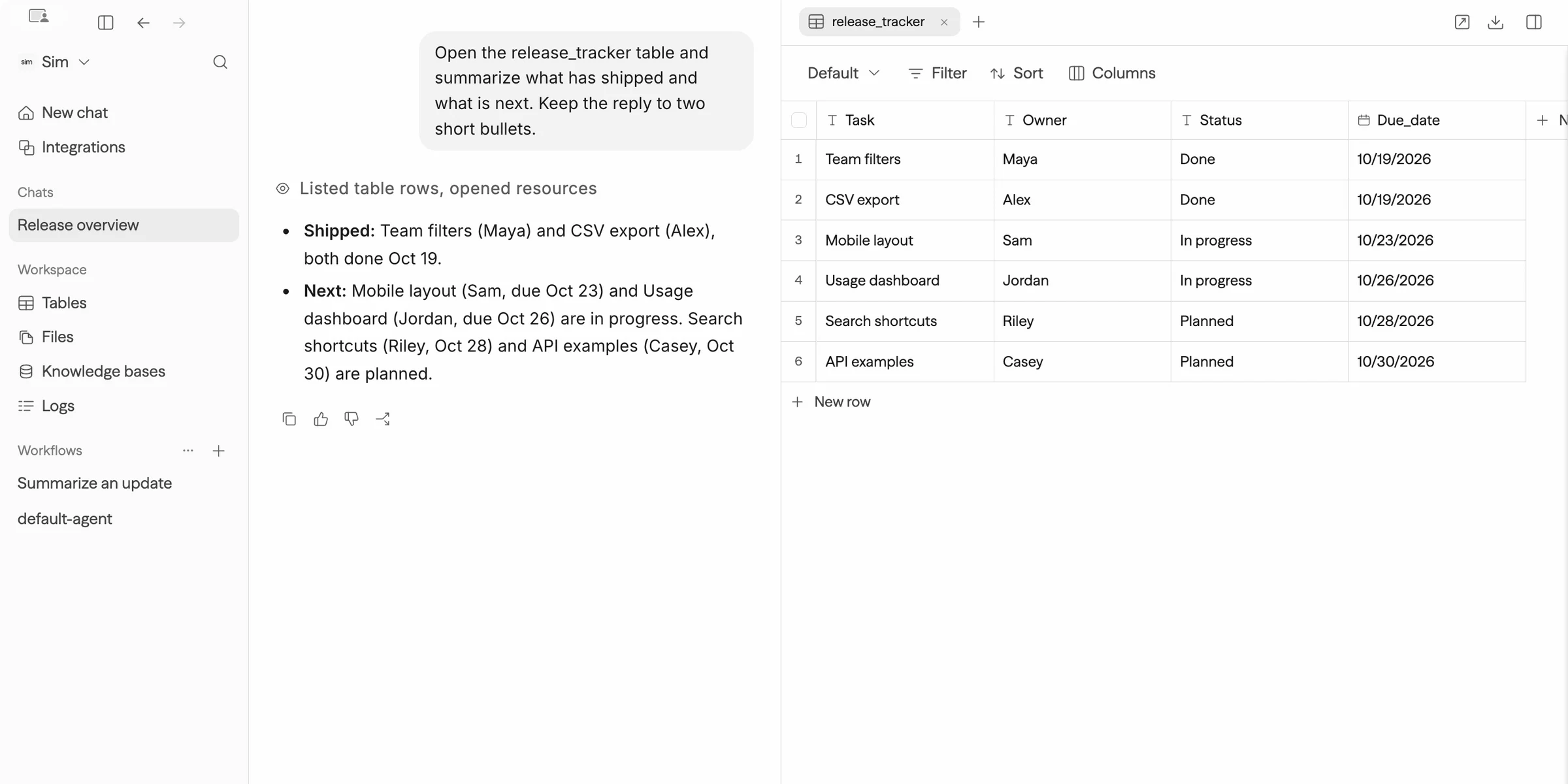 Sim summarizing shipped and planned work in Chat beside the release tracker table