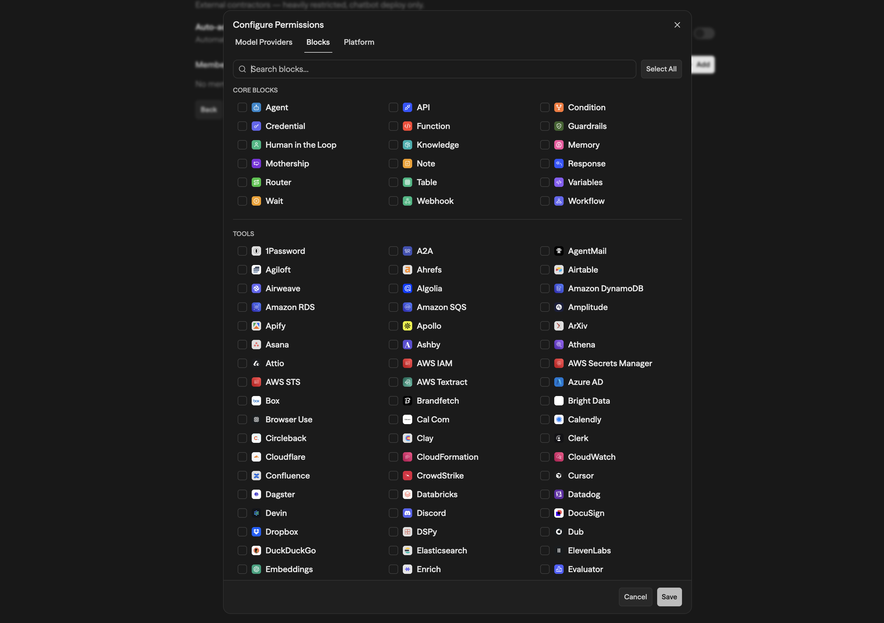 Blocks tab showing Core Blocks (Agent, API, Condition, Function, Knowledge, etc.) and Tools (integrations like 1Password, A2A, Ahrefs, Airtable, and more) with checkboxes to allow or restrict each