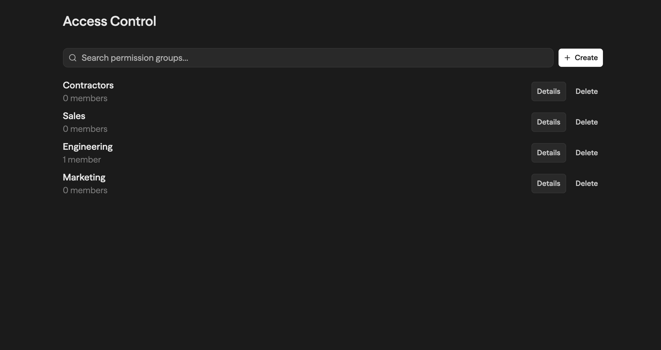 Access Control settings showing a list of permission groups: Contractors, Sales, Engineering, and Marketing, each with Details and Delete actions