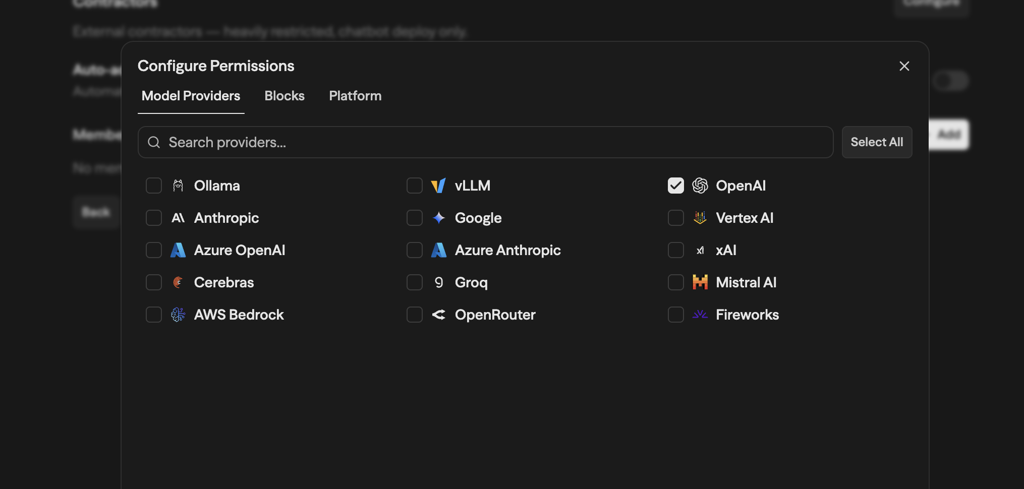 Model Providers tab showing a grid of AI providers including Ollama, vLLM, OpenAI, Anthropic, Google, Azure OpenAI, and others with checkboxes to allow or restrict access