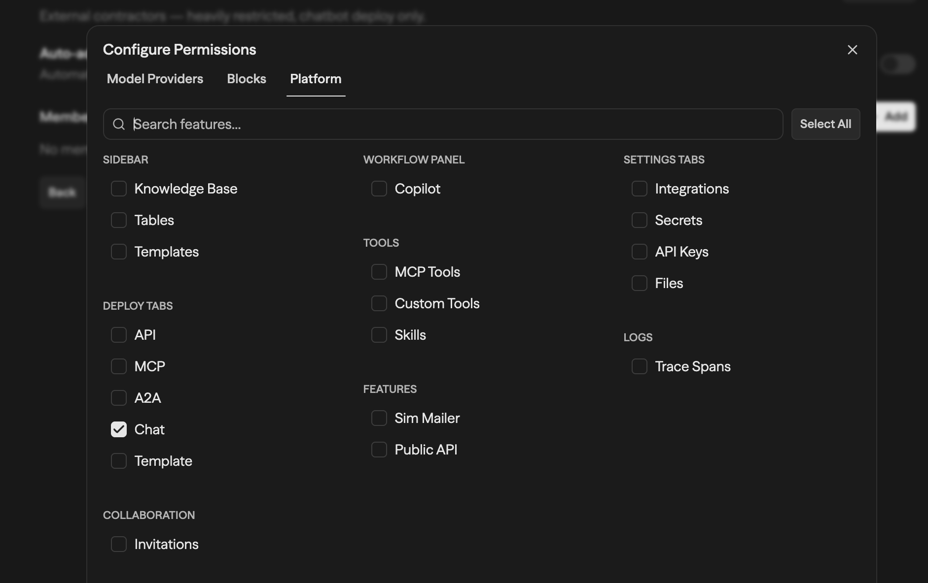 Platform tab showing feature toggles grouped by category: Sidebar (Knowledge Base, Tables, Templates), Workflow Panel (Copilot), Settings Tabs, Tools, Deploy Tabs, Features, Logs, and Collaboration