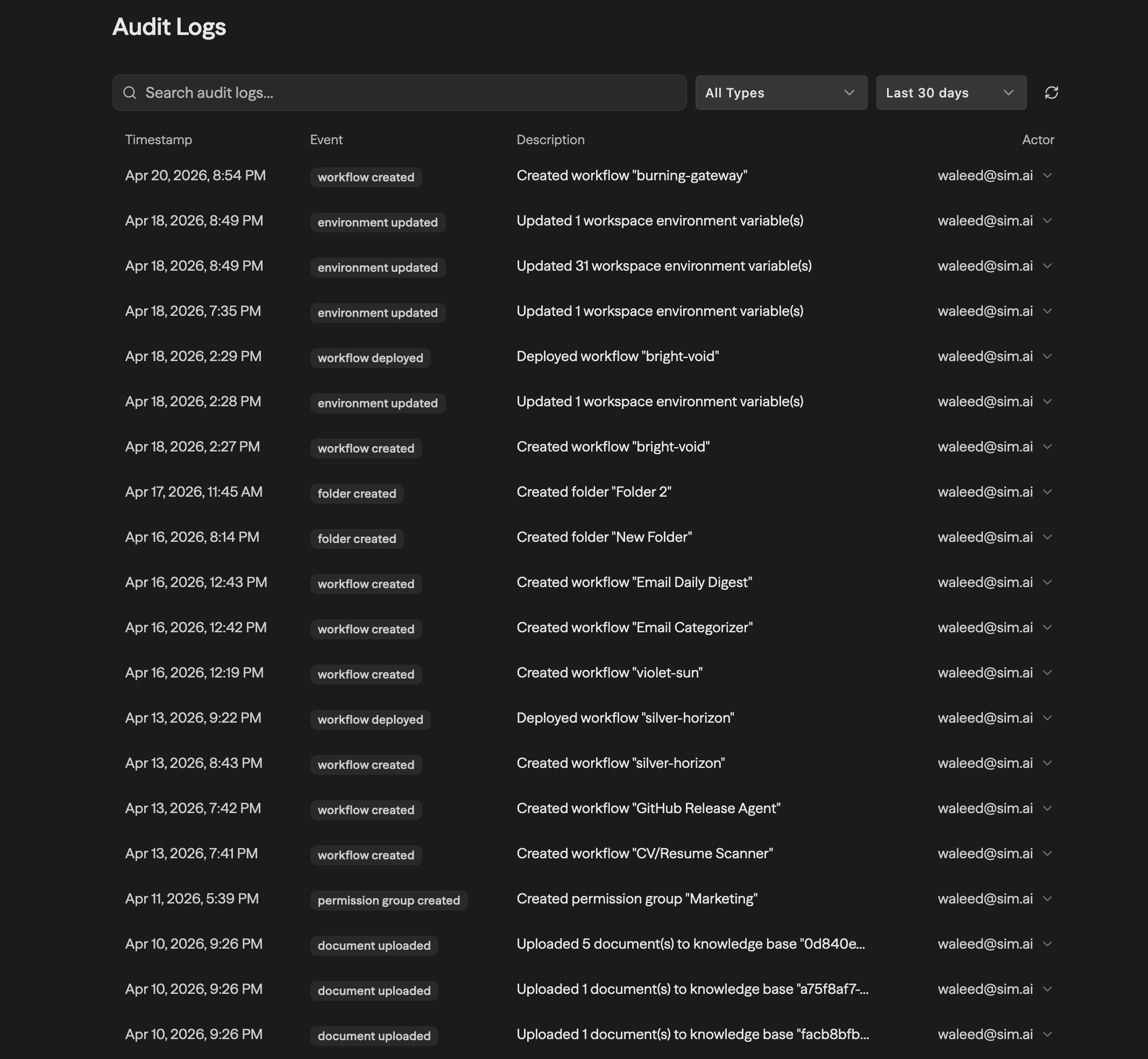 Audit Logs settings showing a table of events with columns for Timestamp, Event, Description, and Actor, along with search and filter controls