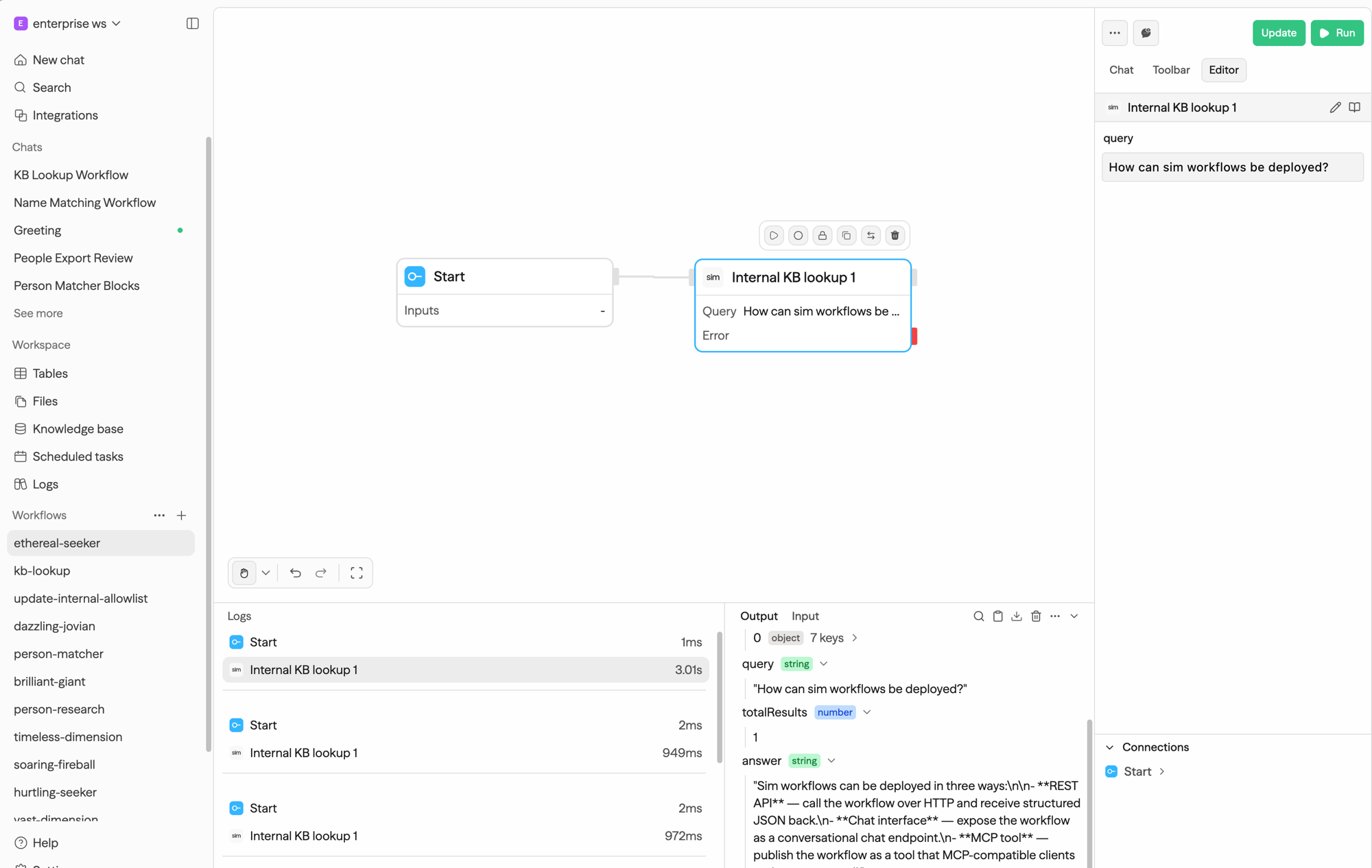A custom block connected to a Start block on the workflow canvas, with its query input filled in and the run output showing the returned fields