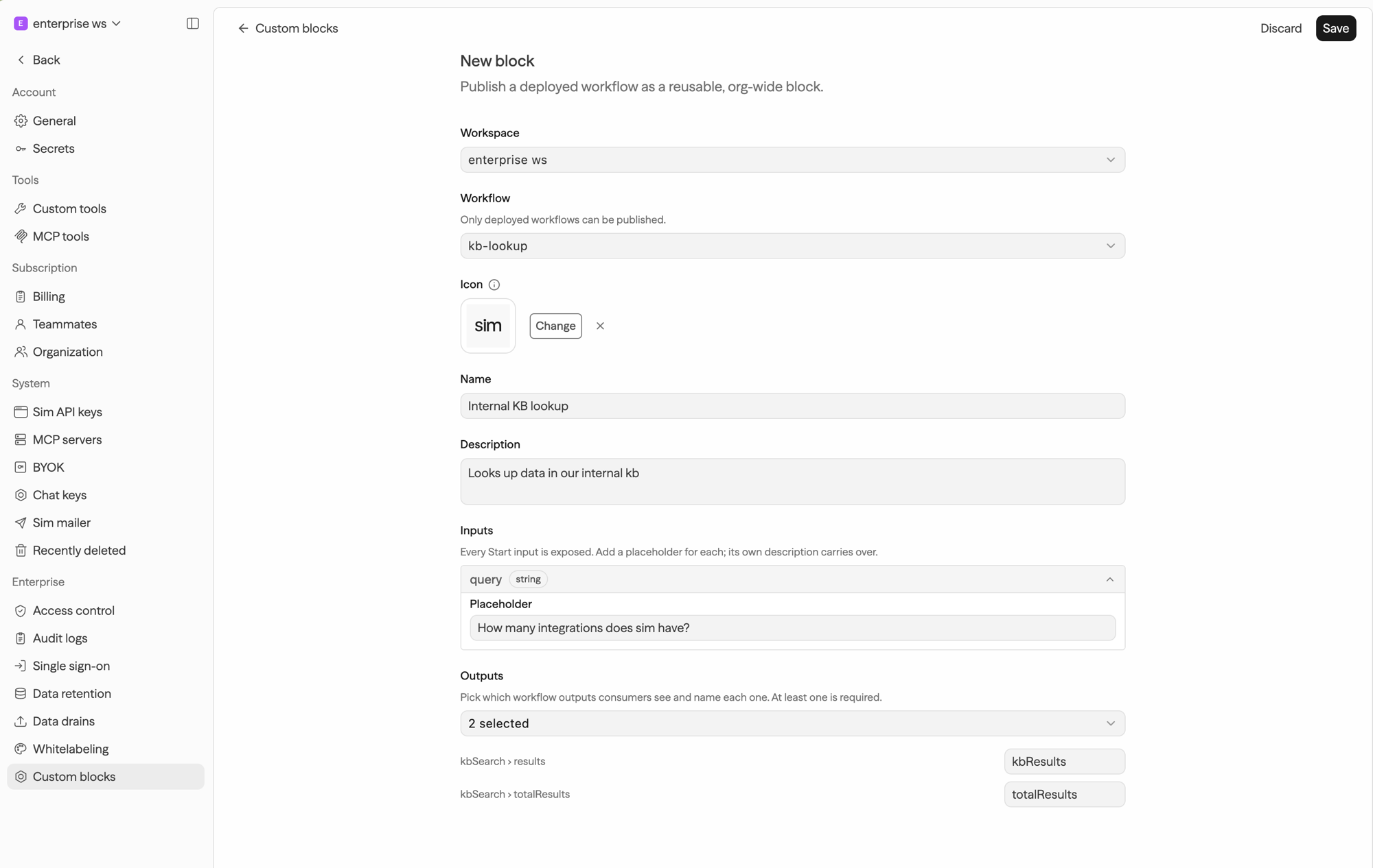 Create block form filled in: Workspace and Workflow selectors, an uploaded icon, Name and Description fields, an expanded input with a placeholder, and two selected outputs each given a name