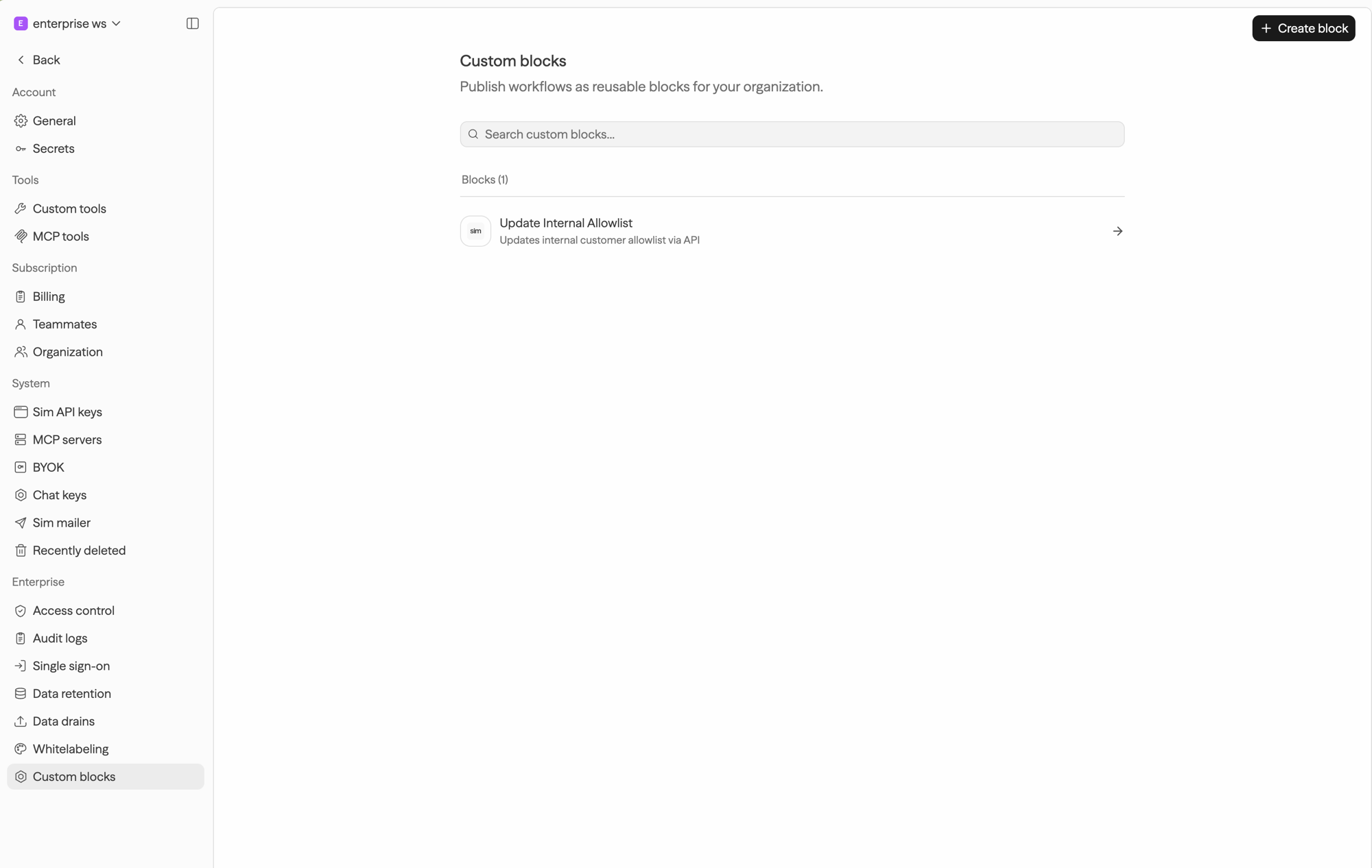Custom blocks settings page listing a published block with its icon, name, and description, with a Create block button in the header