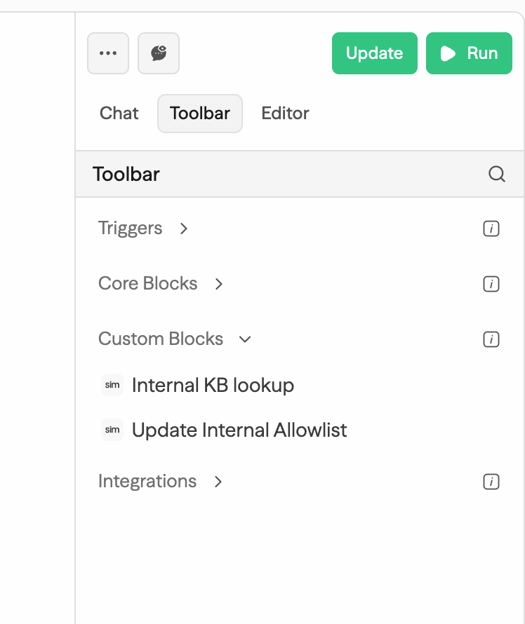 Workflow editor block toolbar with a Custom Blocks section listing two published blocks below Core Blocks