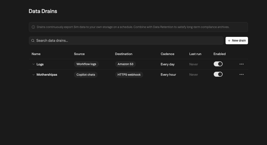 New data drain dialog with fields for name, source, cadence, destination, and S3 credentials