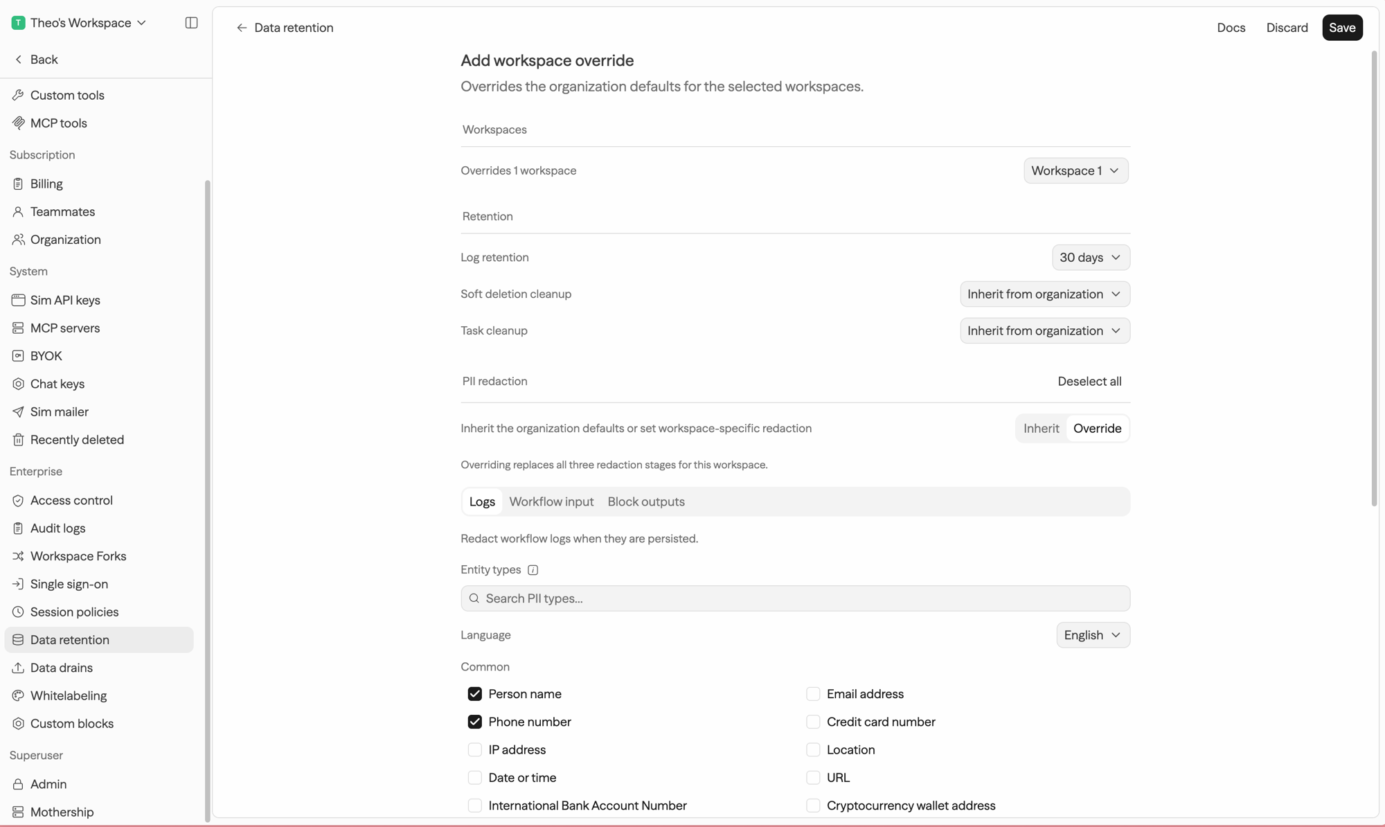 Workspace override with Log retention set to 30 days, other retention fields inherited, and a PII Inherit or Override choice