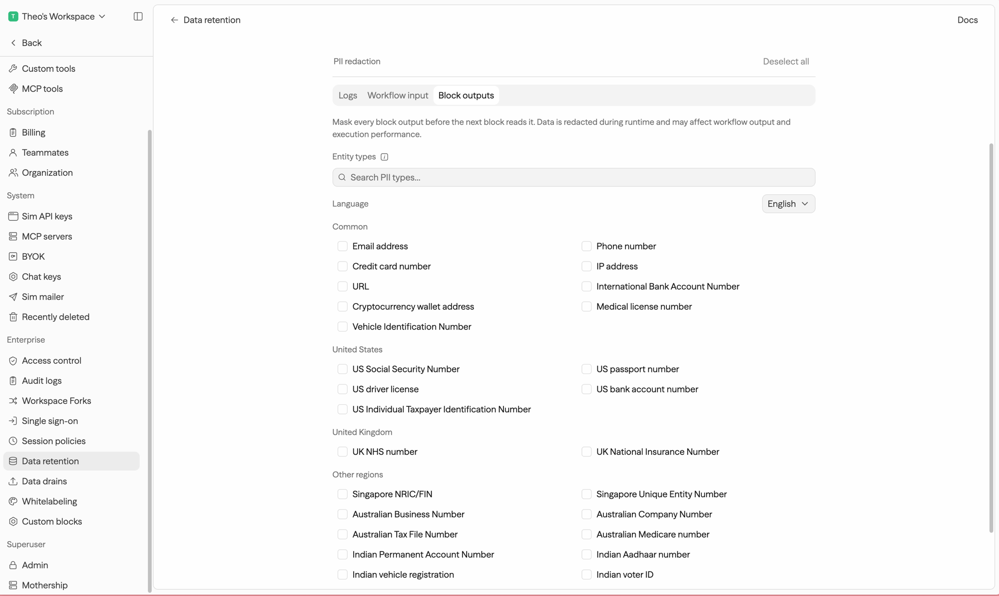 PII redaction controls with Block outputs selected and entity types grouped by region