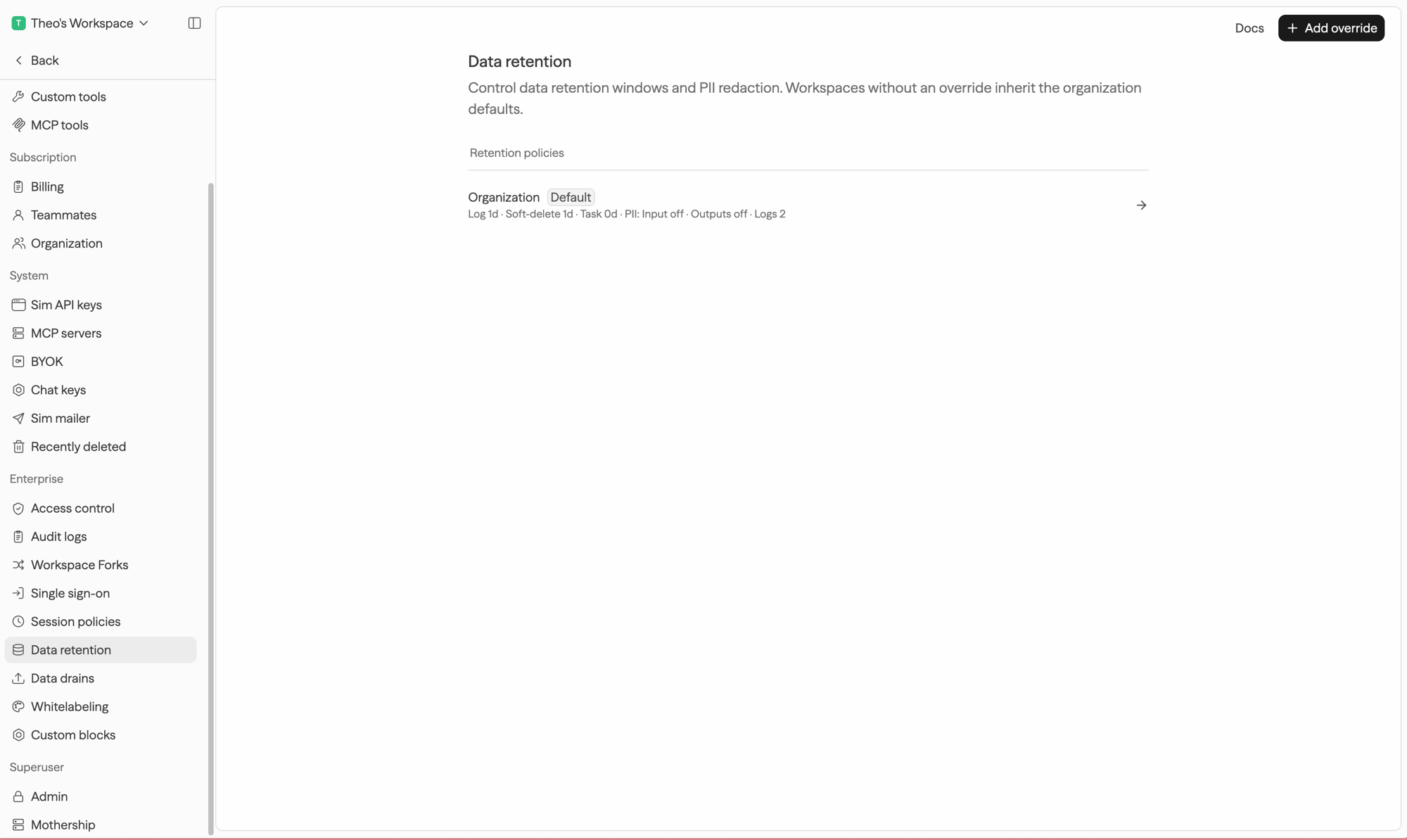 Data Retention settings showing the Retention policies list with the Organization default row and its summary of retention periods and PII stages